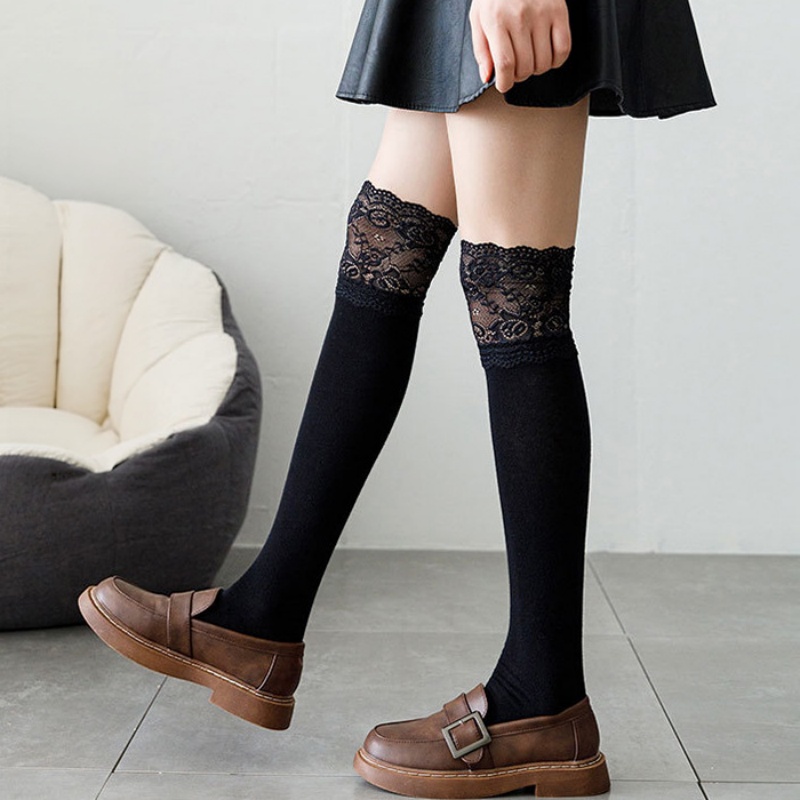 Boot Sock Slouchy - 봄 가을 화이트 레이스 러플 중간