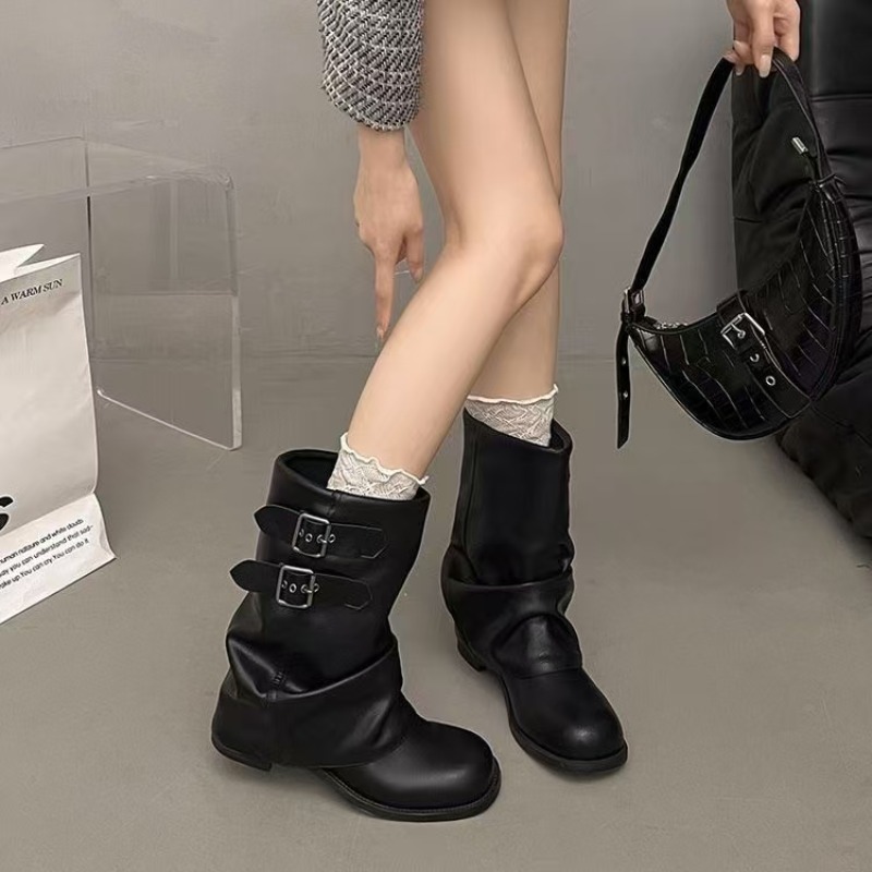 여성용 블랙 슬라우치 미드 카프 부츠, 더블 버클 장식 - Boot Sock Slouchy 리뷰 및 가격
