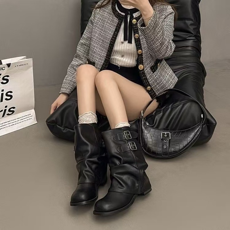 여성용 블랙 슬라우치 미드 카프 부츠, 더블 버클 장식 - Boot Sock Slouchy 리뷰 및 가격